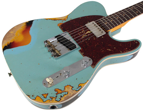 Fender Custom Shop Limited Reverse '60 Tele Custom, Heavy Relic, Aged Daphne Blue Over 3-Color Sunburst - Humbucker Music
