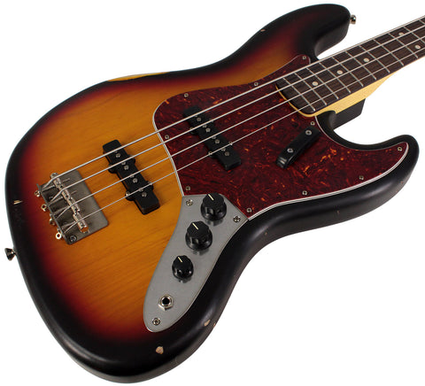 Nash JB63 Bass Guitar, 3-Tone Sunburst, Tortoise Shell, Light Aging