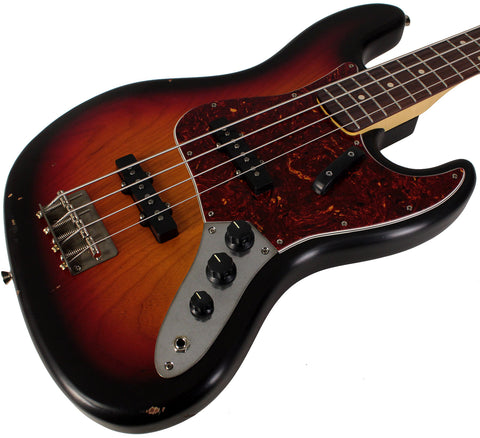 Nash JB63 Bass Guitar, 3-Tone Sunburst, Tortoise Shell, Light Aging