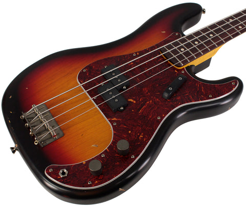 Nash PB63 Bass Guitar, 3-Tone Sunburst, Light Aging, Tortoise Shell