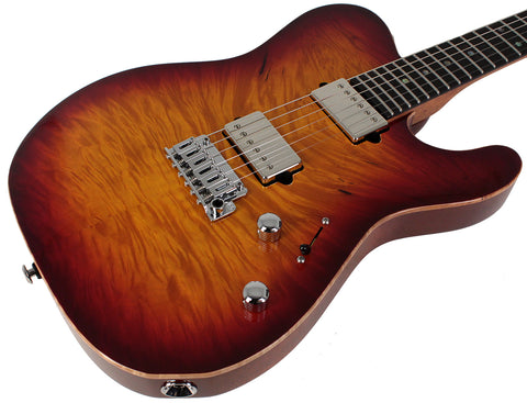 Suhr Select Modern T Mahogany Guitar, Burl, Aged Cherry Burst - Humbucker Music