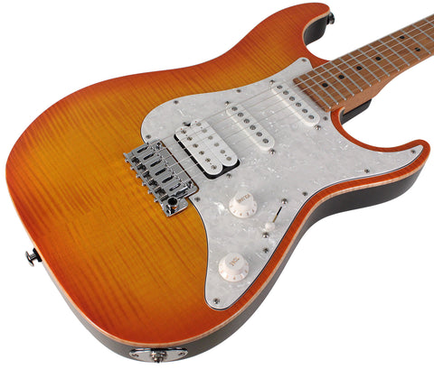 Suhr Standard Plus Guitar, Trans Honey Amber Burst, Roasted Maple - Humbucker Music