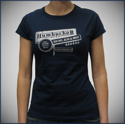Humbucker Womens Junior T-Shirt - Navy w/ Silver Sparkle Logo - Humbucker Music
